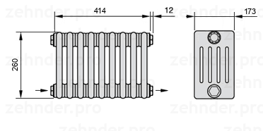 Схема (чертеж) Радиатор Zehnder Charleston 5026/9 №2670 Белый глянцевый RAL 9016